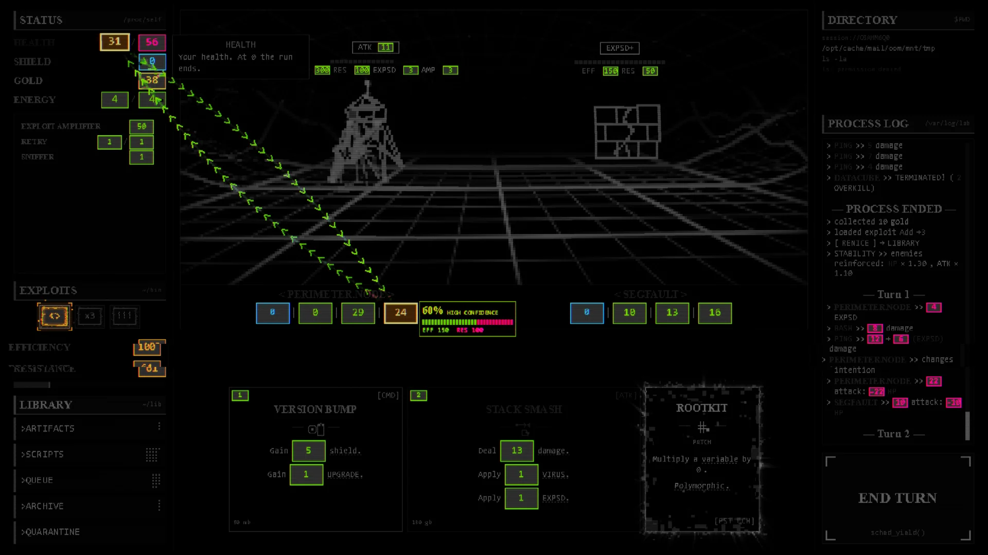 The hack reel docked at an enemy number: a 60% success strip, green zone against red.