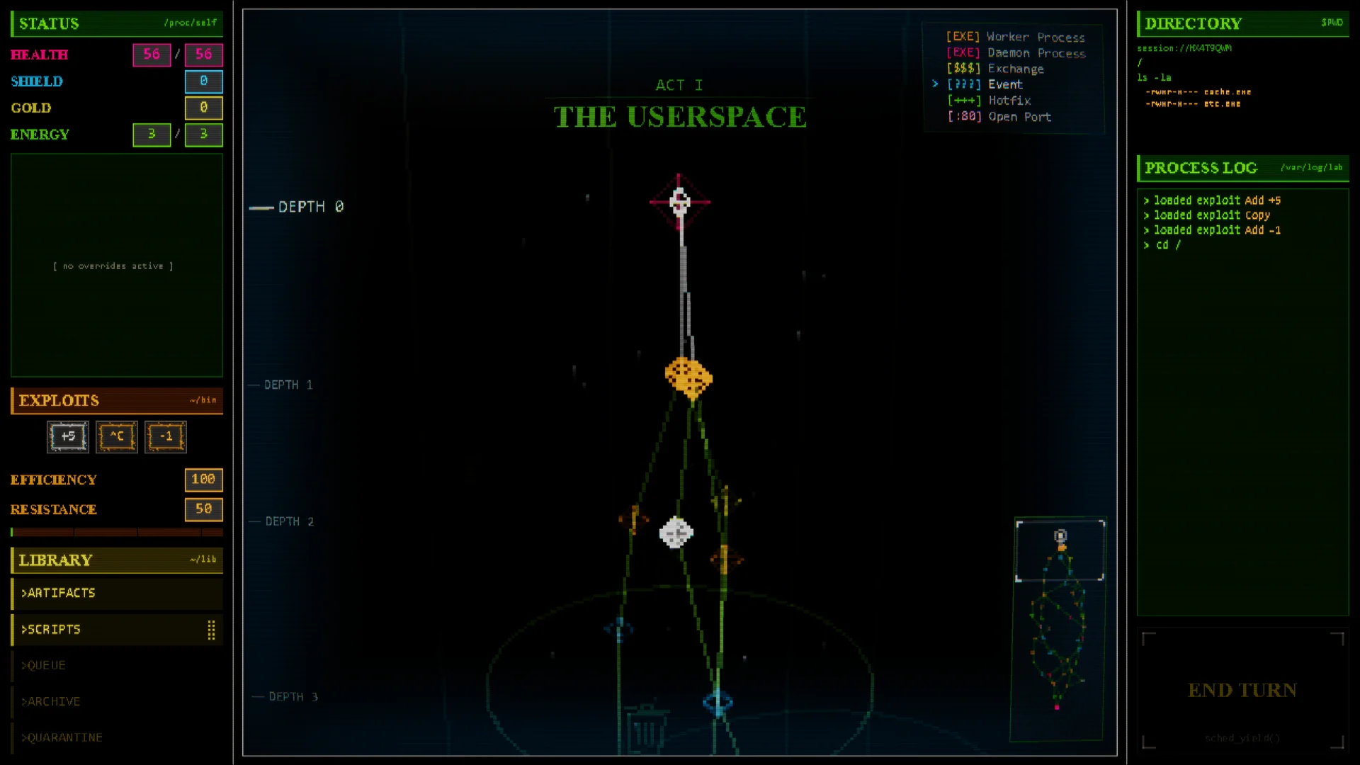 The map of THE USERSPACE, Act 1: branching paths descending from DEPTH 0.