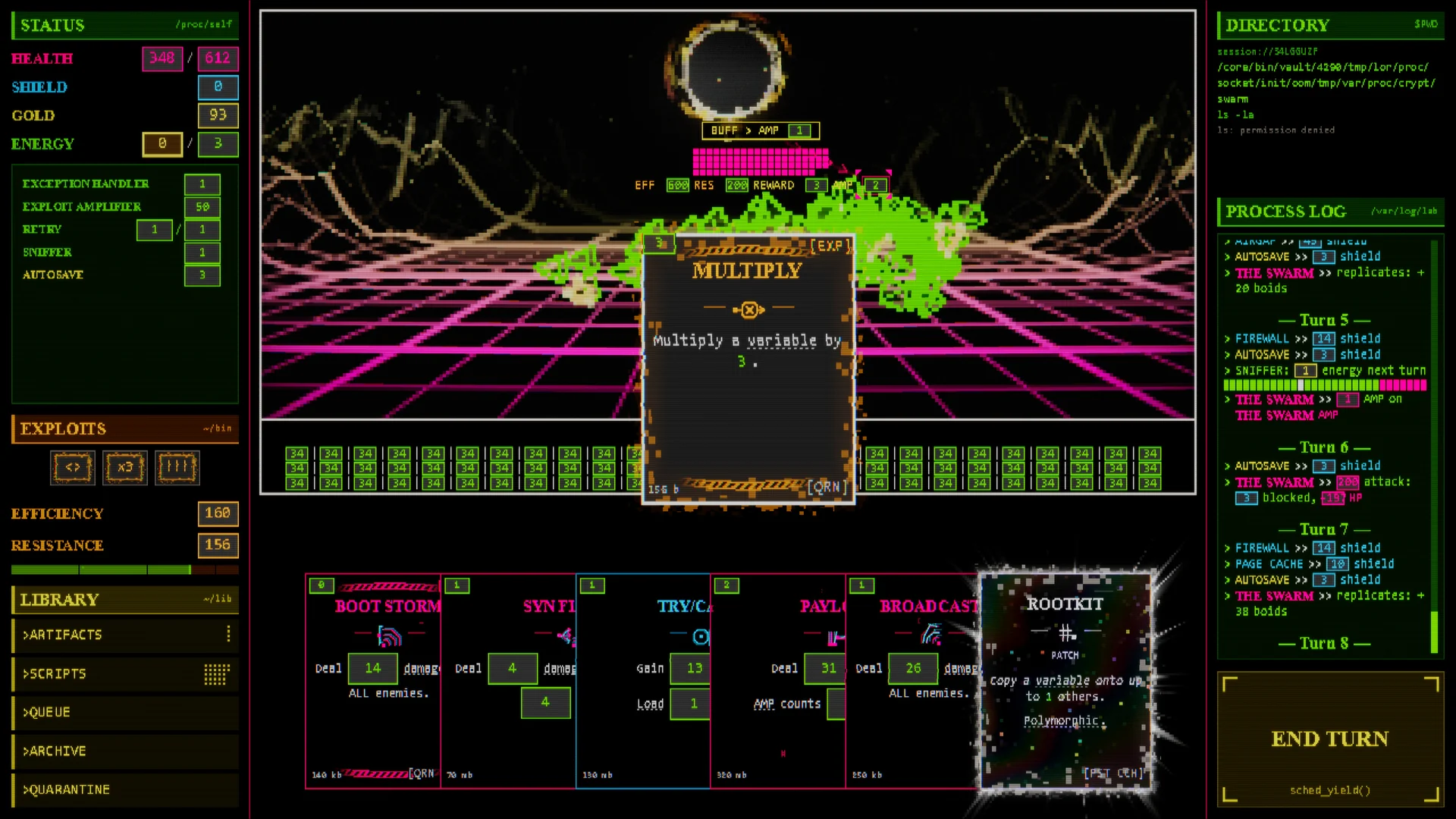 MULTIPLY cast on THE SWARM: every one of its numbers in play, the PROCESS LOG tracking each change.