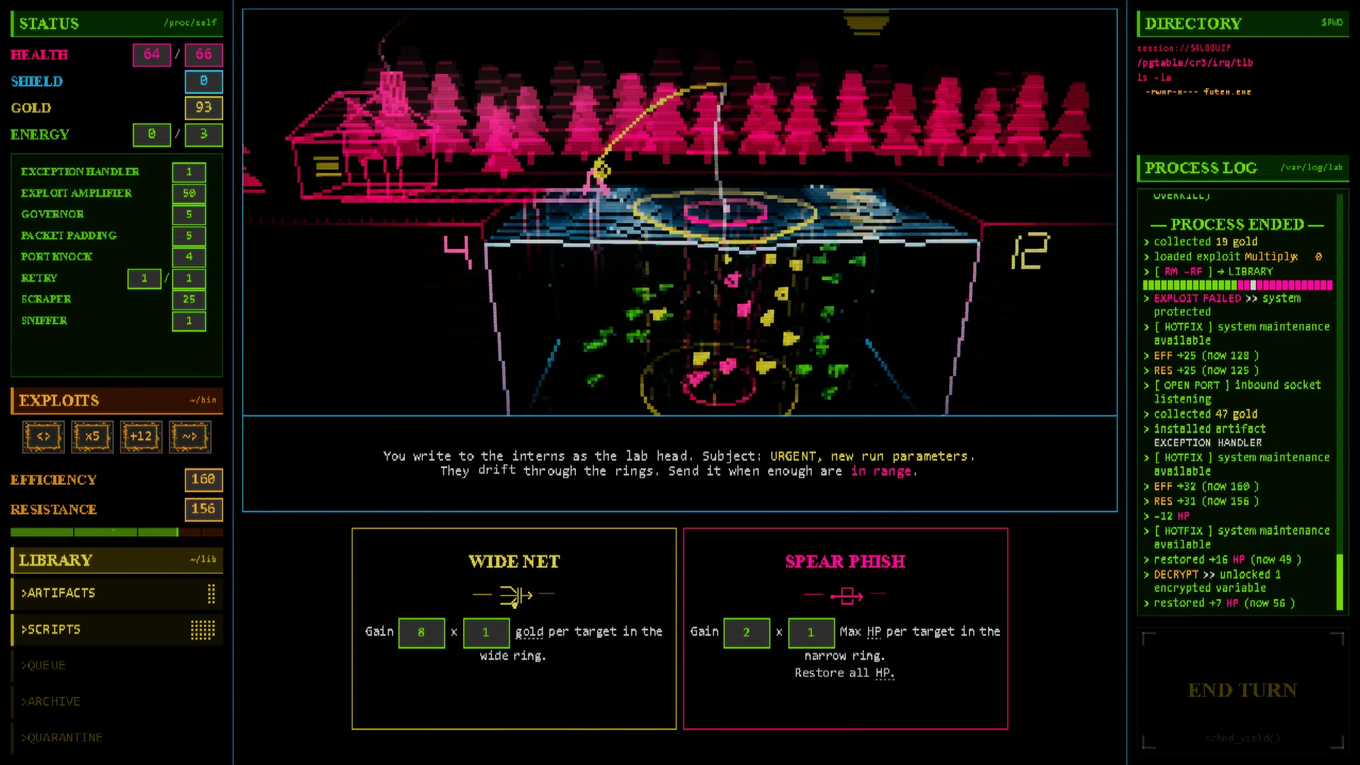 A PHISHING encounter: lures drift through the rings, with WIDE NET and SPEAR PHISH to choose from.