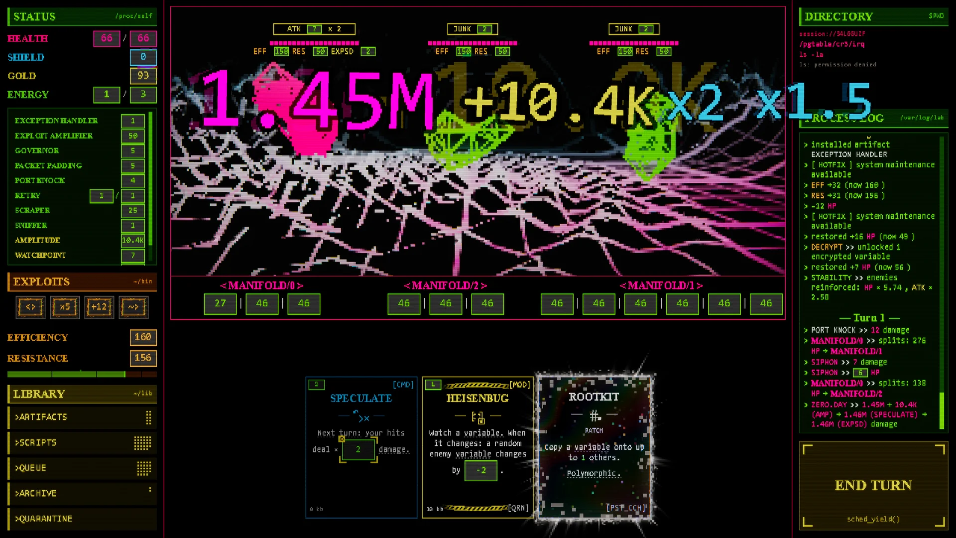 A fight against three MANIFOLD enemies: a multiplied payload lands for 1.45M damage over a neon wireframe grid.